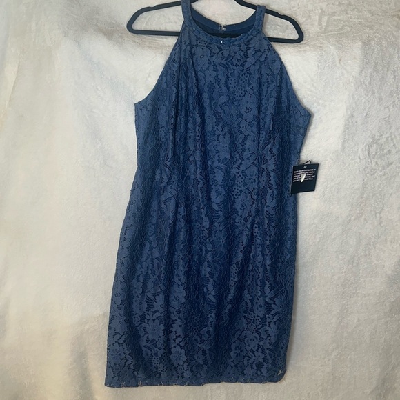 Blue Jeweled Collar NWT Nine West Blue Lace Cocktail Dress size 16 - Picture 5 of 6